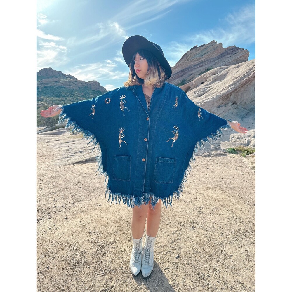 Vintage 1990s Novelty Ethnic Denim Fringe Cape Jacket 90s hippie boho chic